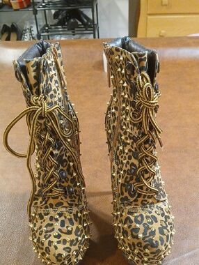 Alba Leopard Print Lace-Up Ankle Boots with Gold Studs